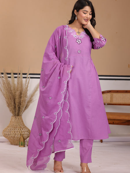 Lavender Floral Thread Work Cotton A-Line Kurta Set with Dupatta