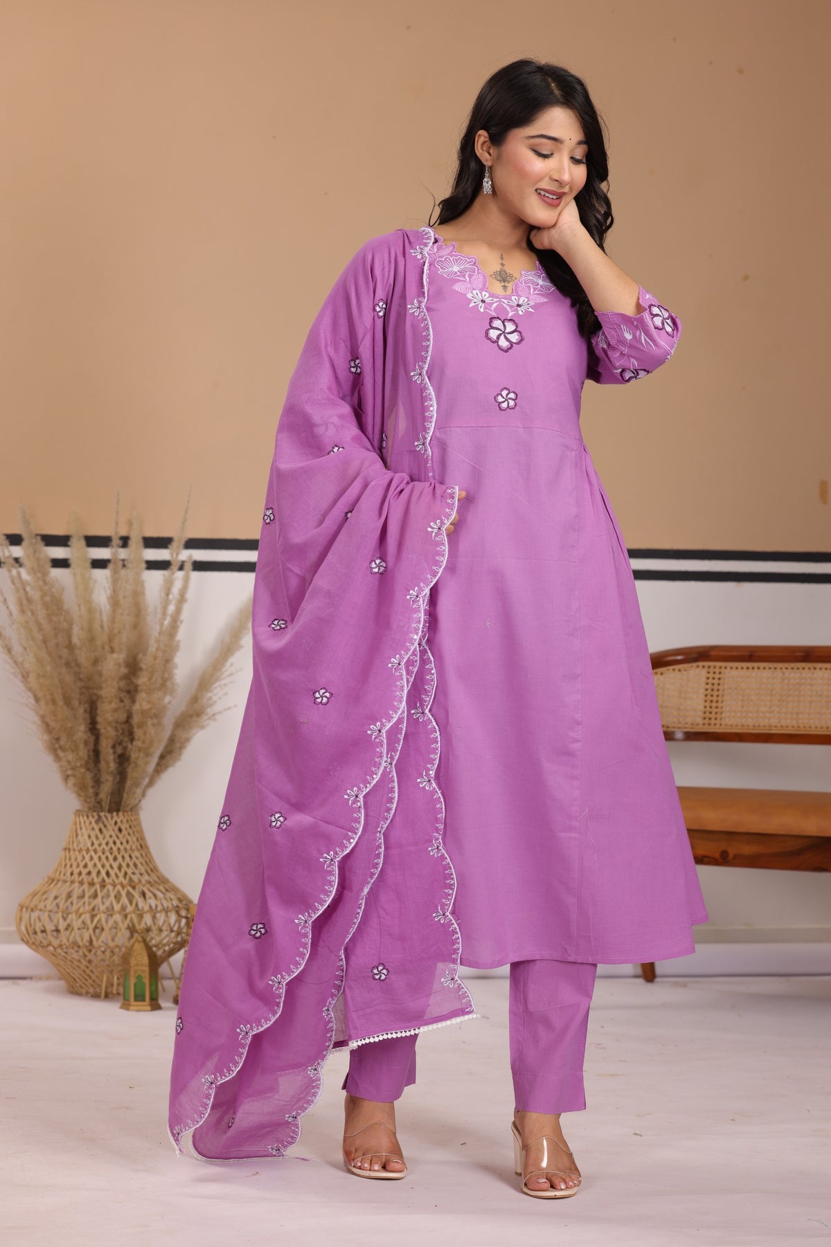 Floral Thread Work Cotton A-Line Kurta Set with Dupatta
