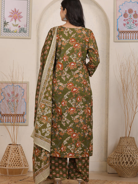 Olive Green Floral Printed Cotton Straight Kurta Set with Gota Patti Neckline and Dupatta