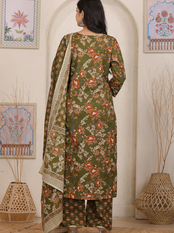 Magenta Red Floral Printed Cotton Straight Kurta Set with Gota Patti Work and Dupatta