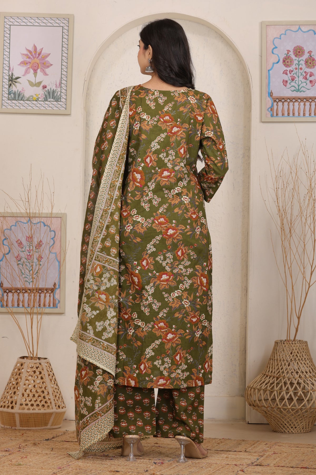 Floral Printed Cotton Straight Kurta Set with Gota Patti Work and Dupatta