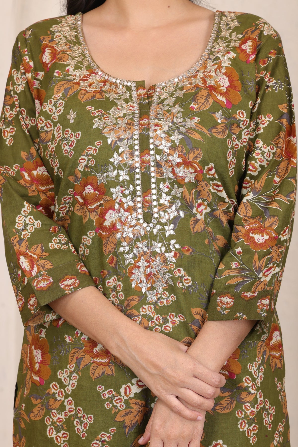 Floral Printed Cotton Straight Kurta Set with Gota Patti Work and Dupatta