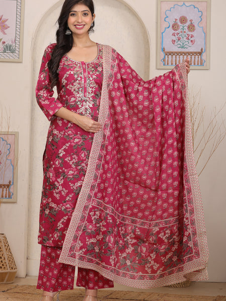 Magenta Red Floral Printed Cotton Straight Kurta Set with Gota Patti Work and Dupatta