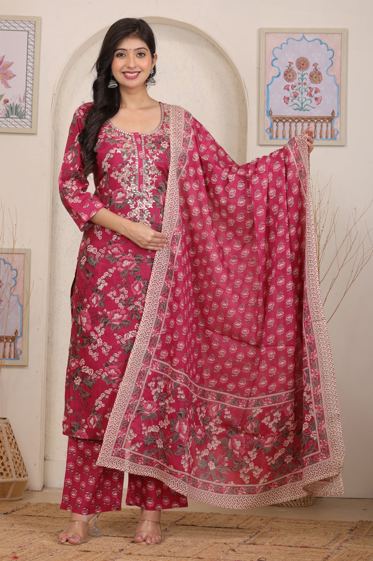 Floral Printed Cotton Straight Kurta Set with Gota Patti Work and Dupatta