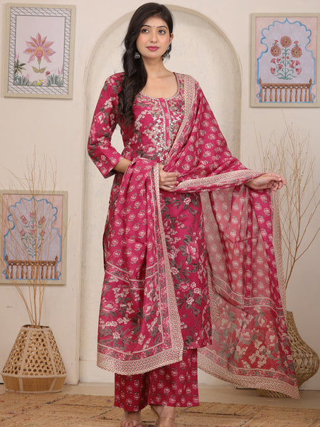 Magenta Red Floral Printed Cotton Straight Kurta Set with Gota Patti Work and Dupatta