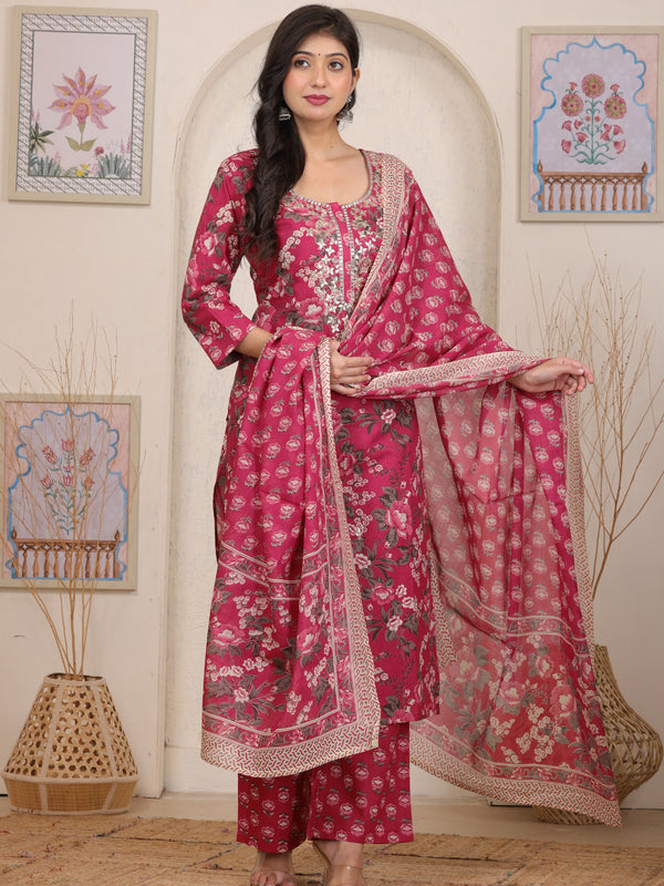 Magenta Red Floral Printed Cotton Straight Kurta Set with Gota Patti Work and Dupatta