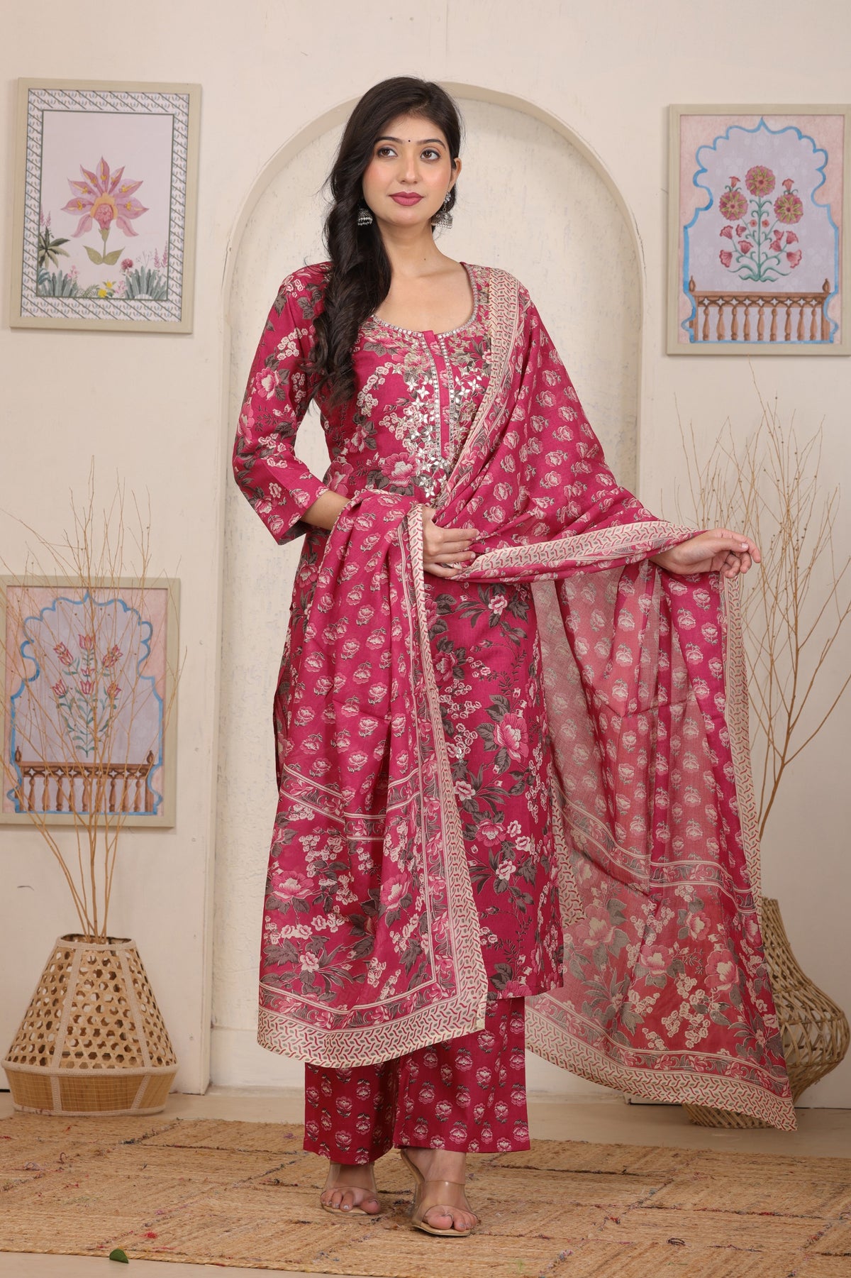 Floral Printed Cotton Straight Kurta Set with Gota Patti Work and Dupatta