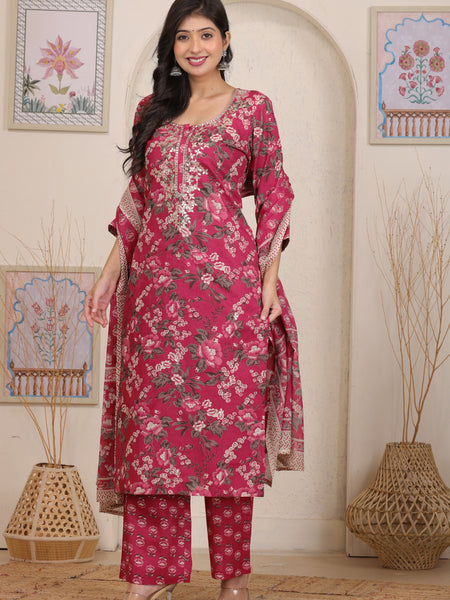 Magenta Red Floral Printed Cotton Straight Kurta Set with Gota Patti Work and Dupatta