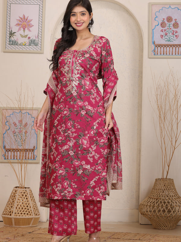 Magenta Red Floral Printed Cotton Straight Kurta Set with Gota Patti Work and Dupatta