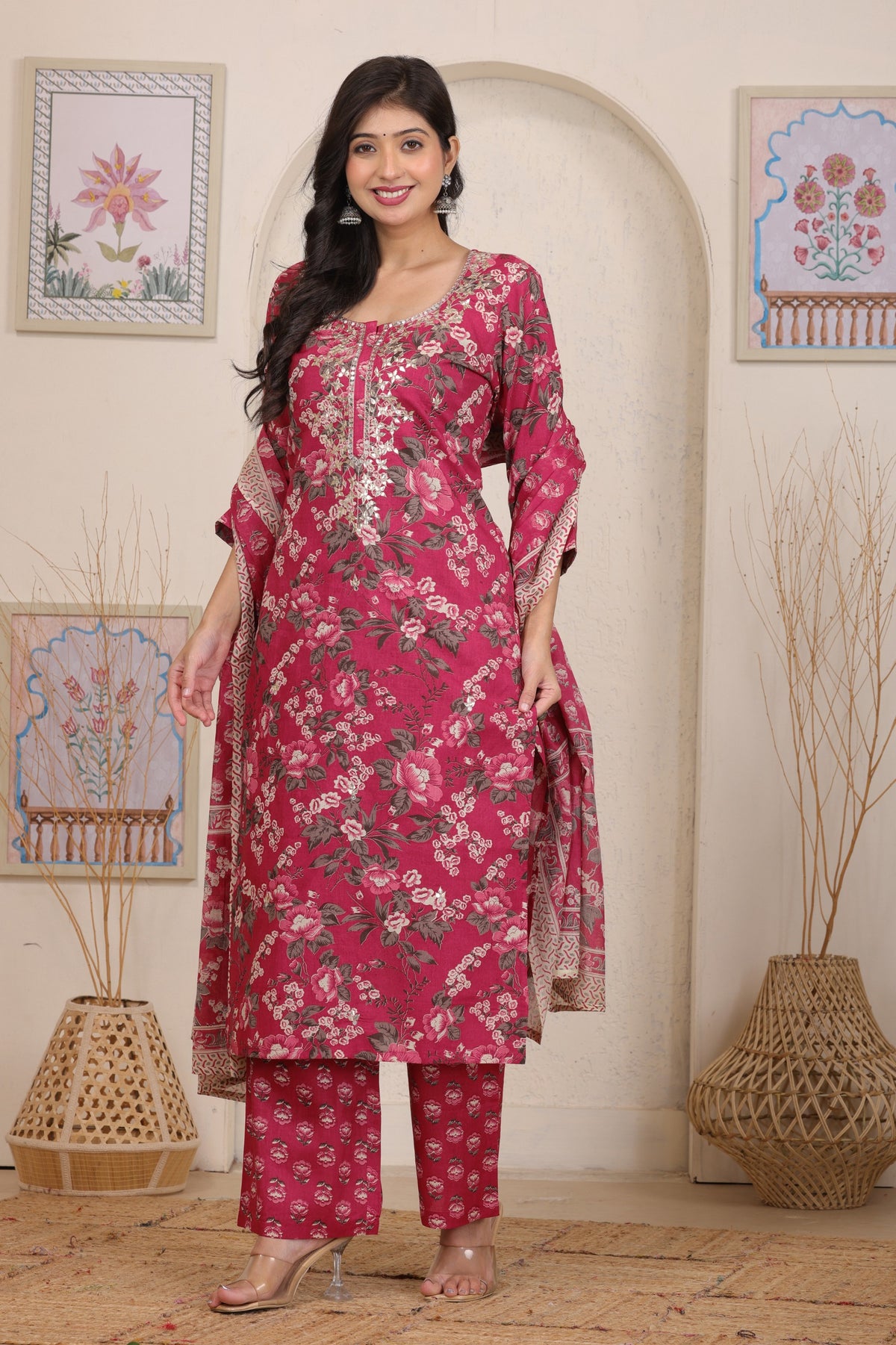 Floral Printed Cotton Straight Kurta Set with Gota Patti Work and Dupatta