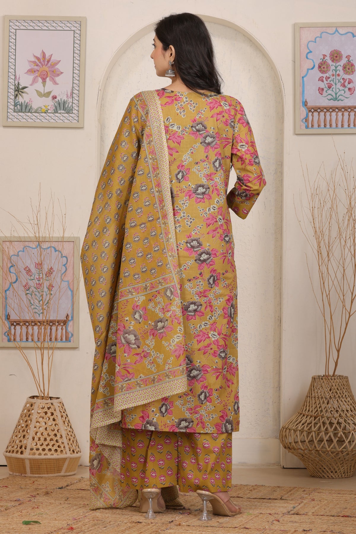 Floral Printed Cotton Straight Kurta Set with Gota Patti Work and Dupatta