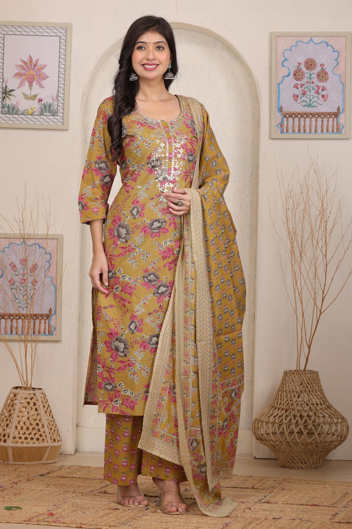 Floral Printed Cotton Straight Kurta Set with Gota Patti Work and Dupatta