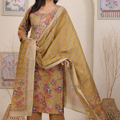 Magenta Red Floral Printed Cotton Straight Kurta Set with Gota Patti Work and Dupatta