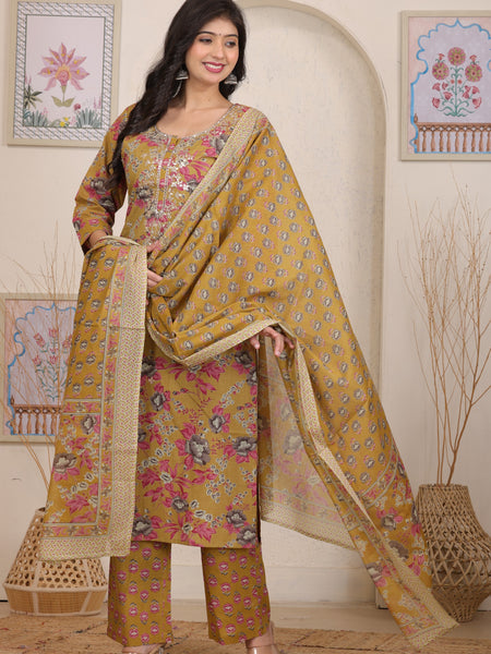 Mustard Floral Printed Cotton Straight Kurta Set with Gota Patti Work and Dupatta