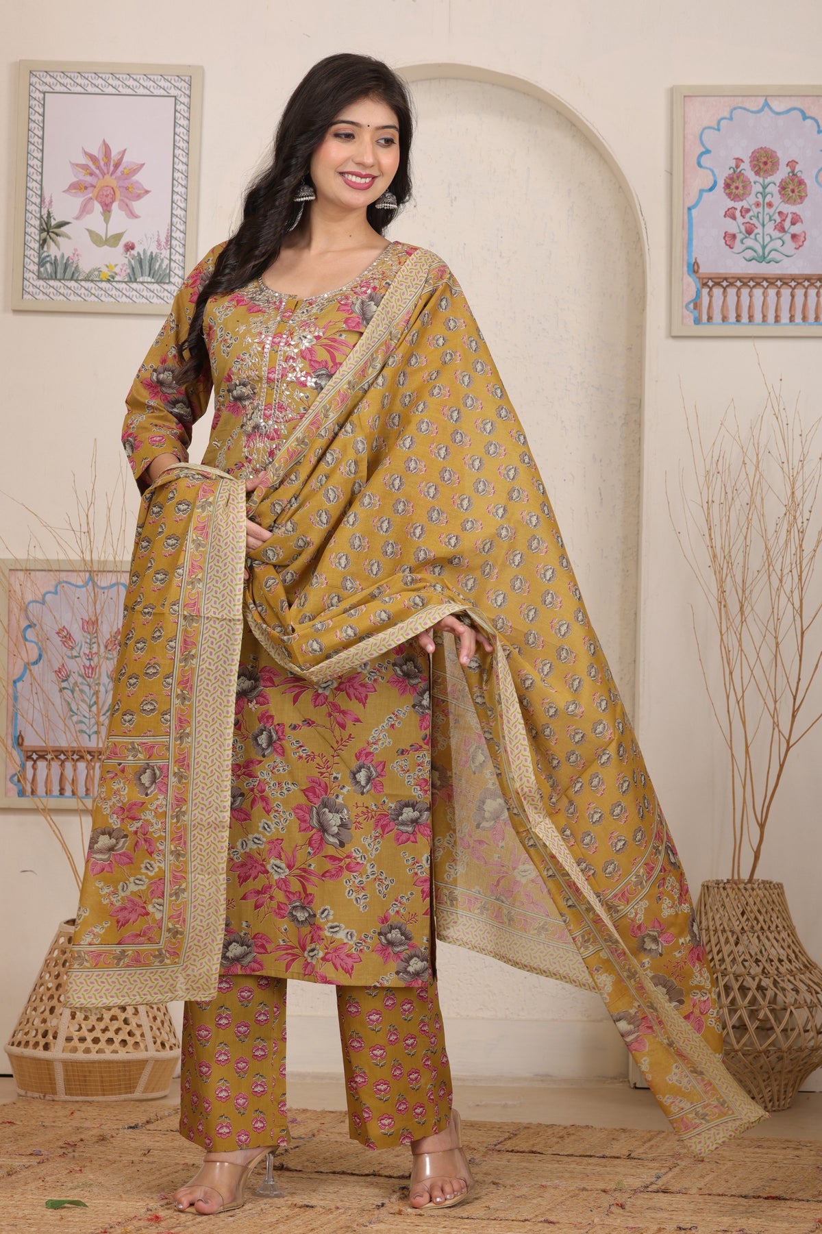 Floral Printed Cotton Straight Kurta Set with Gota Patti Work and Dupatta