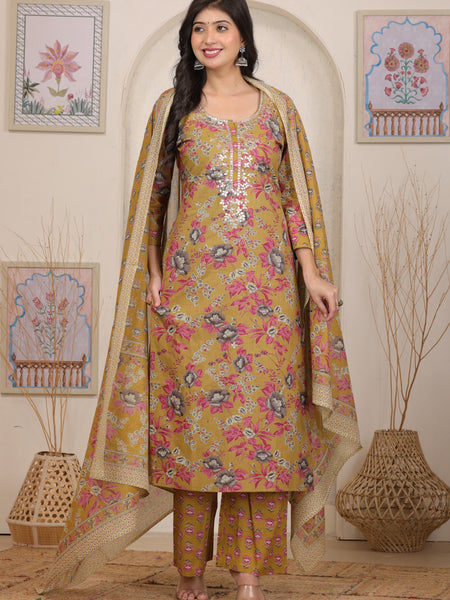 Mustard Floral Printed Cotton Straight Kurta Set with Gota Patti Work and Dupatta