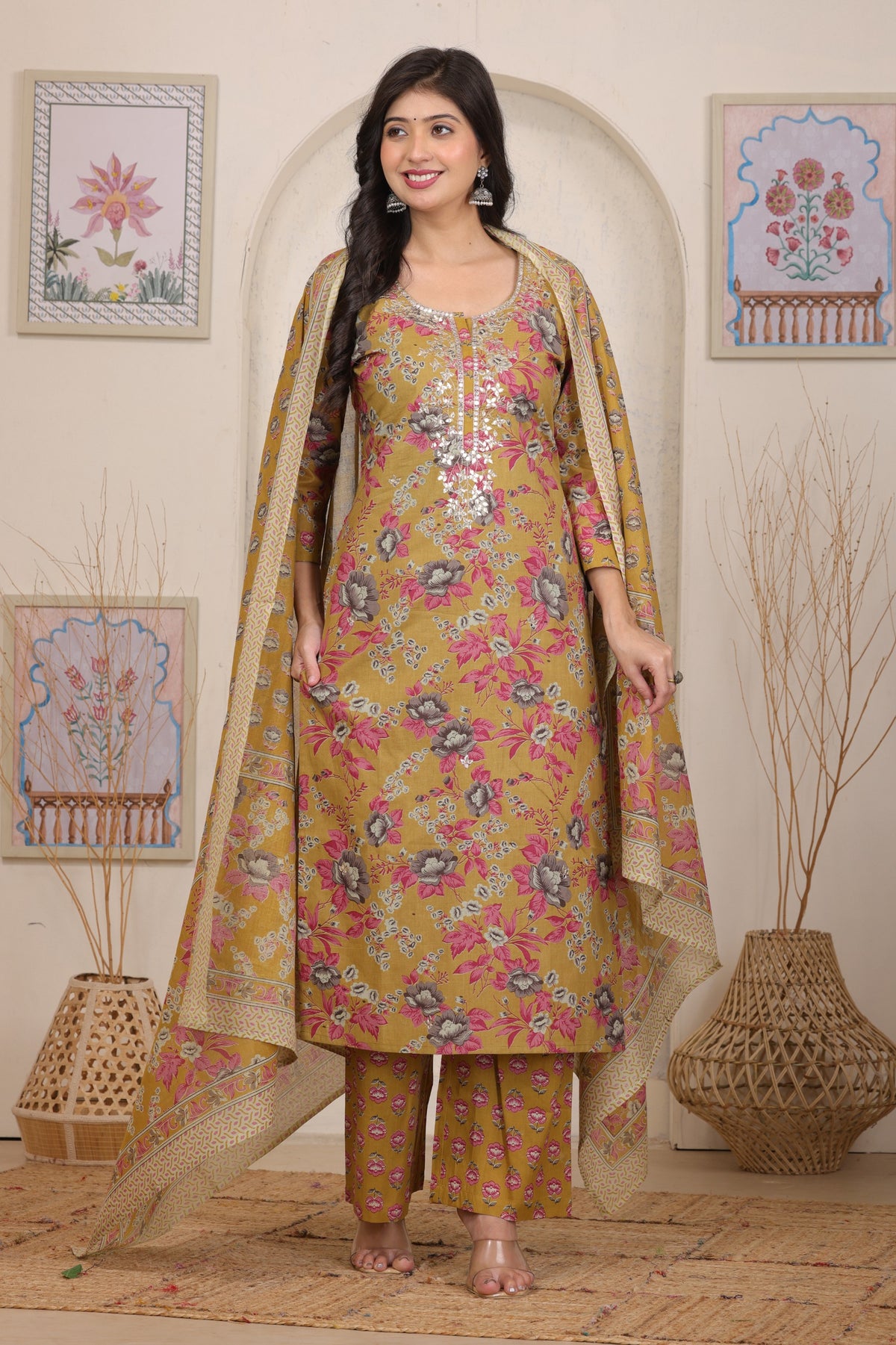 Floral Printed Cotton Straight Kurta Set with Gota Patti Work and Dupatta