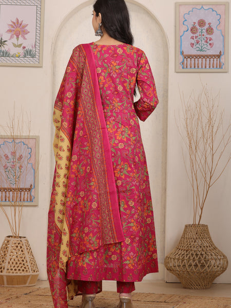 Pink Floral Cotton Anarkali Kurta Set with Handwork Yoke Details and Matching Dupatta