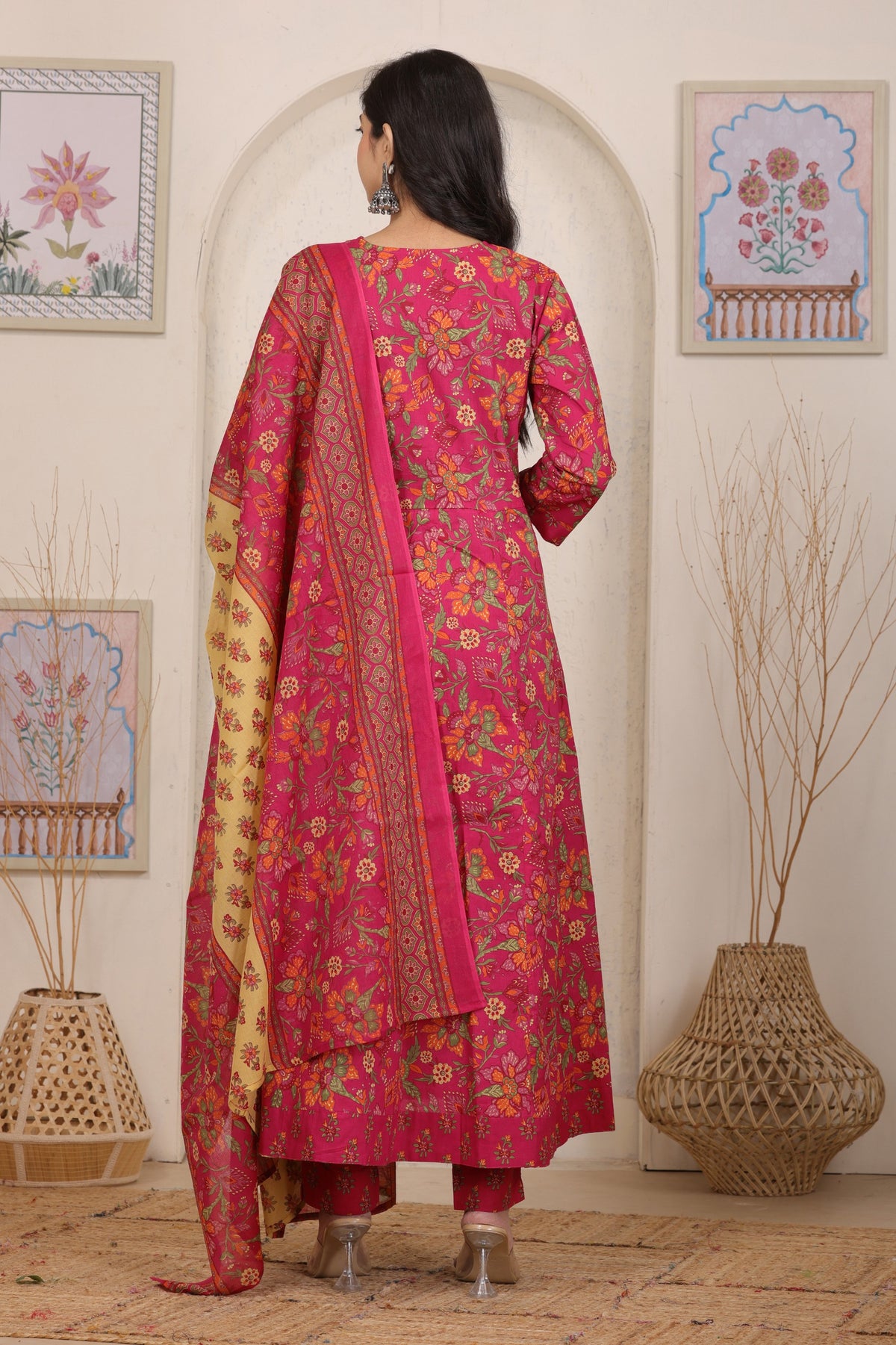Floral Cotton Anarkali Kurta Set with Handwork Yoke Details and Matching Dupatta