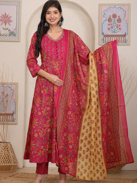 Pink Floral Cotton Anarkali Kurta Set with Handwork Yoke Details and Matching Dupatta