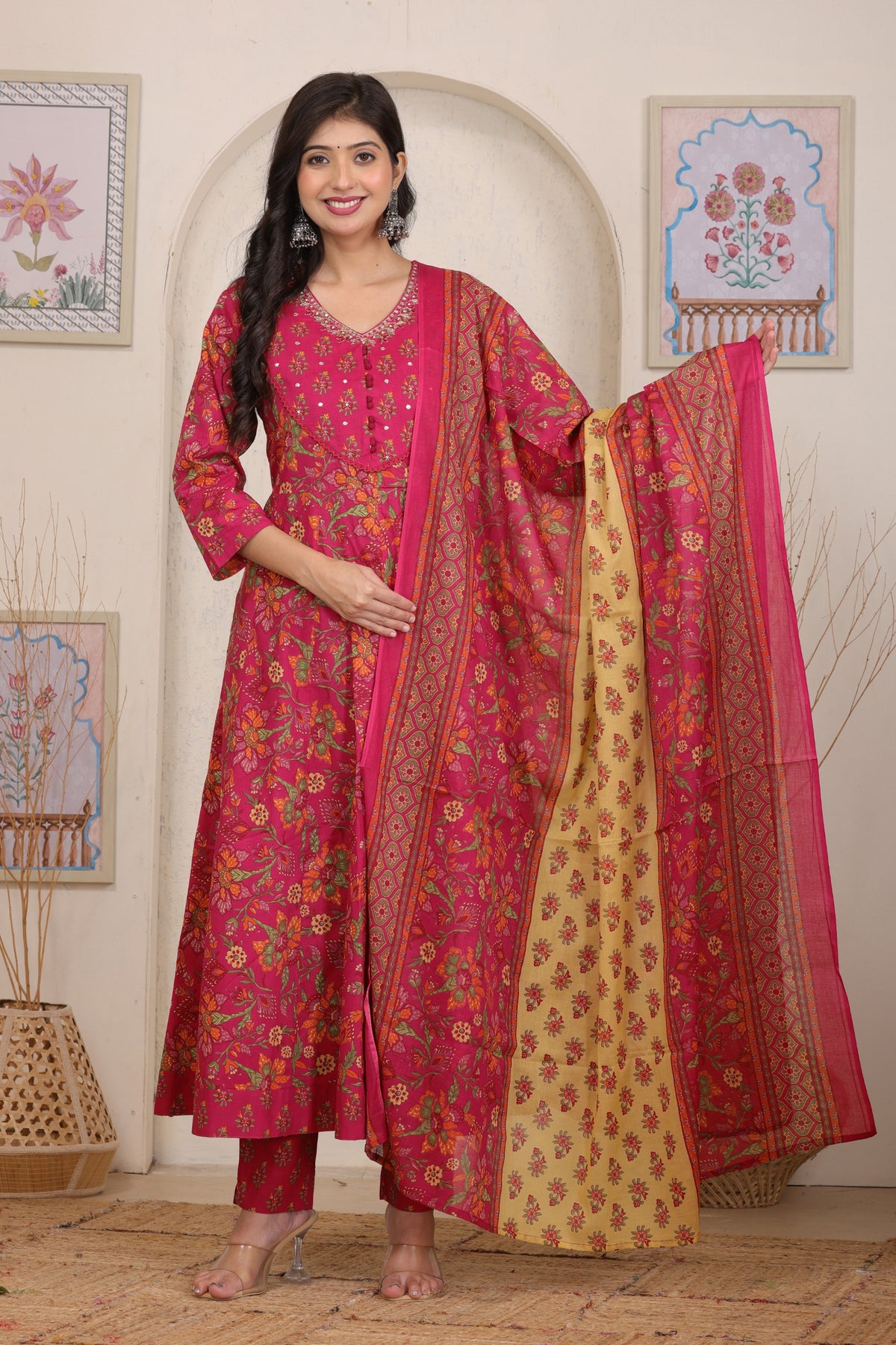 Floral Cotton Anarkali Kurta Set with Handwork Yoke Details and Matching Dupatta