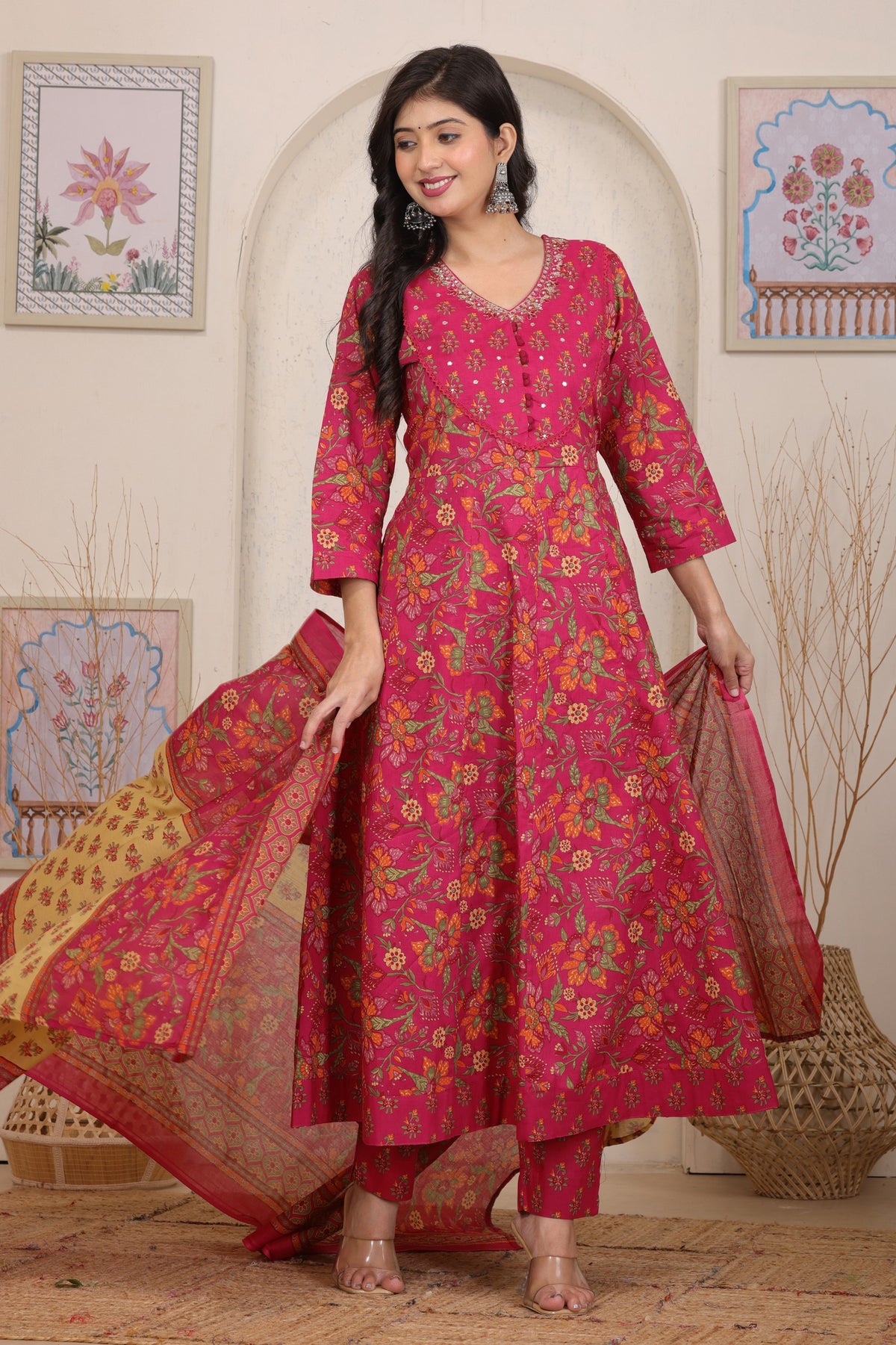 Floral Cotton Anarkali Kurta Set with Handwork Yoke Details and Matching Dupatta