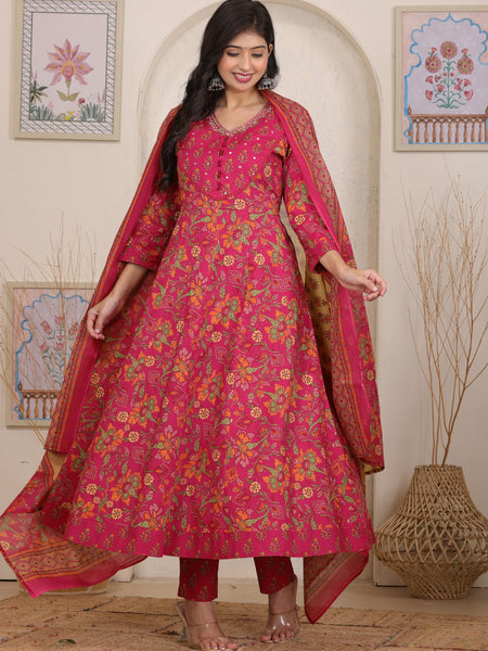 Pink Floral Cotton Anarkali Kurta Set with Handwork Yoke Details and Matching Dupatta