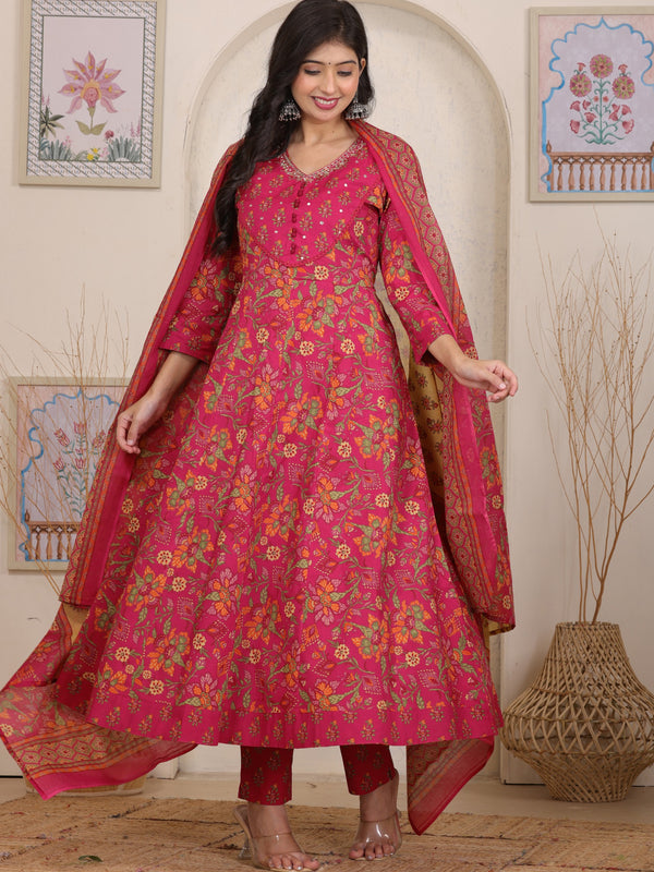 Pink Floral Cotton Anarkali Kurta Set with Handwork Yoke Details and Matching Dupatta