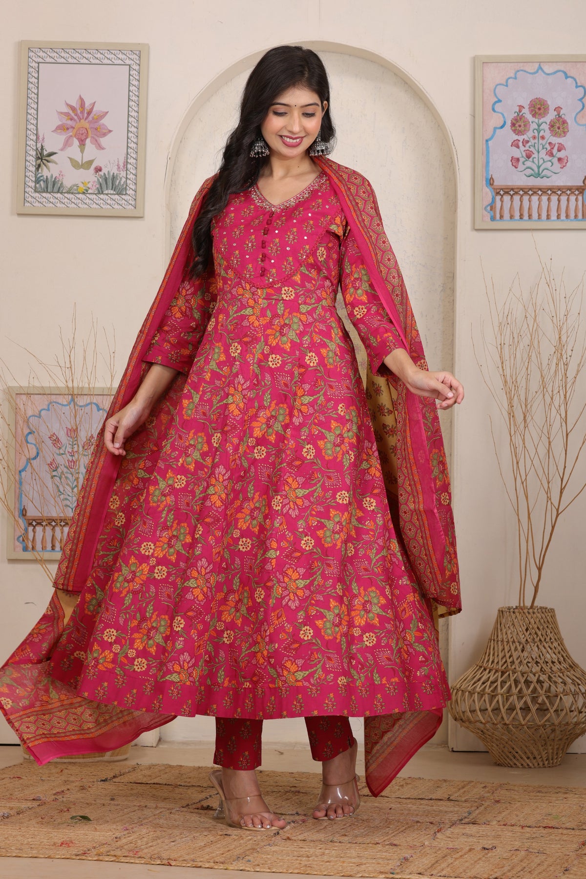 Floral Cotton Anarkali Kurta Set with Handwork Yoke Details and Matching Dupatta