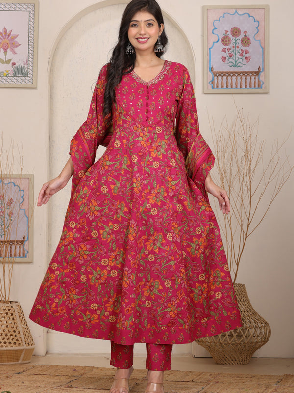 Pink Floral Cotton Anarkali Kurta Set with Handwork Yoke Details and Matching Dupatta