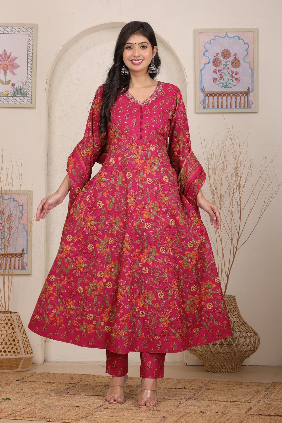 Floral Cotton Anarkali Kurta Set with Handwork Yoke Details and Matching Dupatta