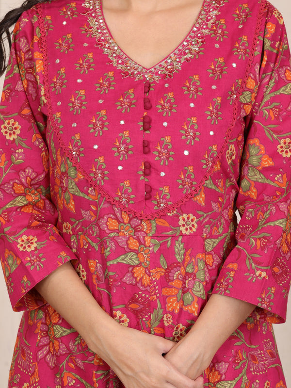 Pink Floral Cotton Anarkali Kurta Set with Handwork Yoke Details and Matching Dupatta