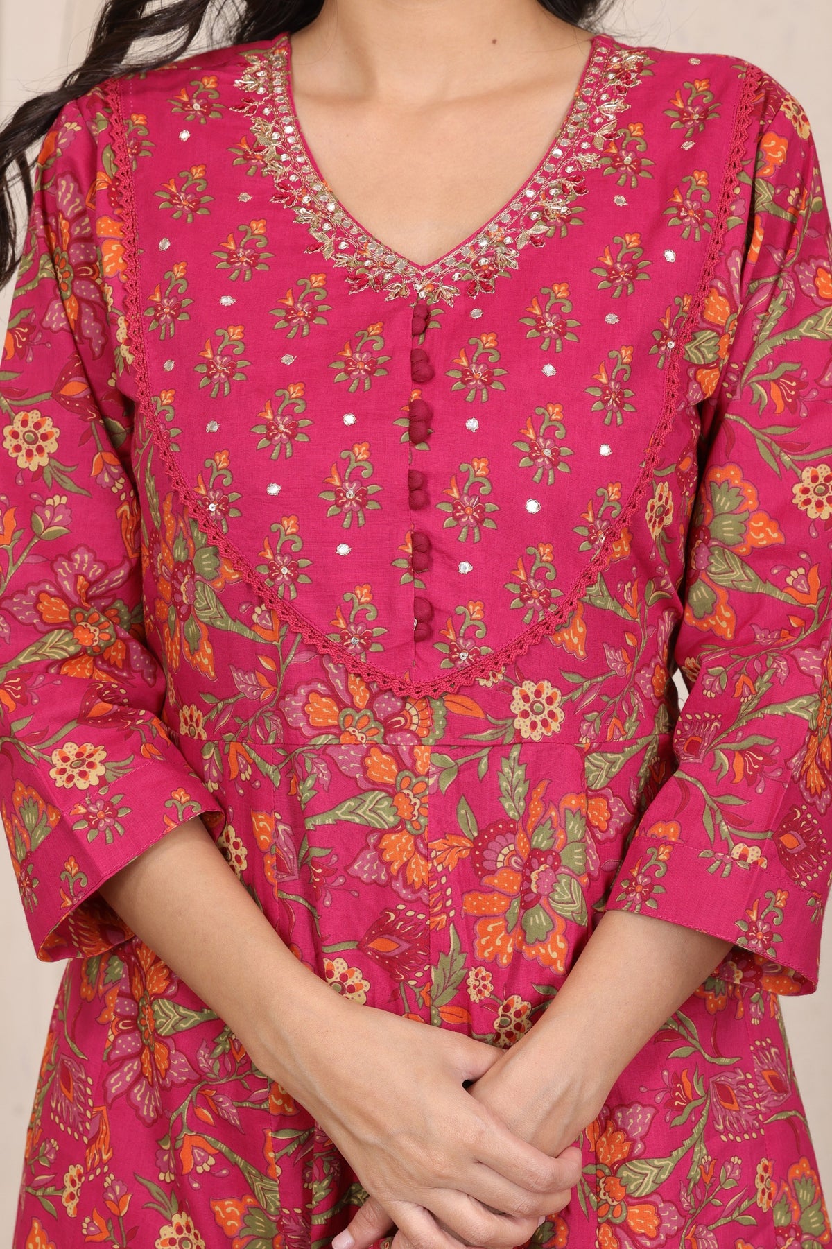 Floral Cotton Anarkali Kurta Set with Handwork Yoke Details and Matching Dupatta