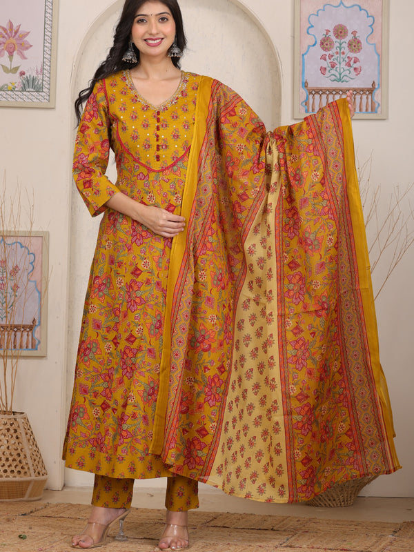 Pink Floral Cotton Anarkali Kurta Set with Handwork Yoke Details and Matching Dupatta