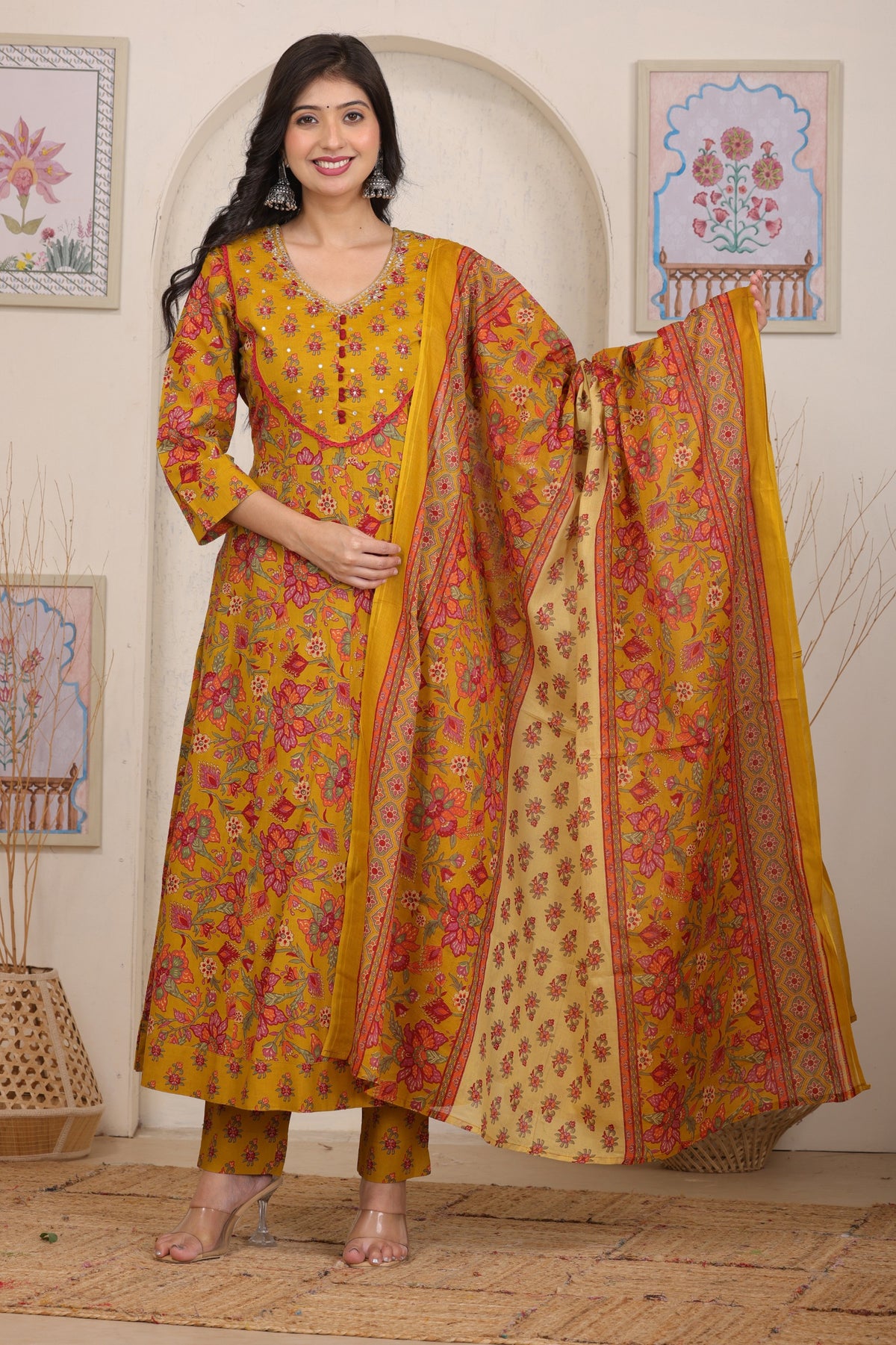 Floral Cotton Anarkali Kurta Set with Handwork Yoke Details and Matching Dupatta