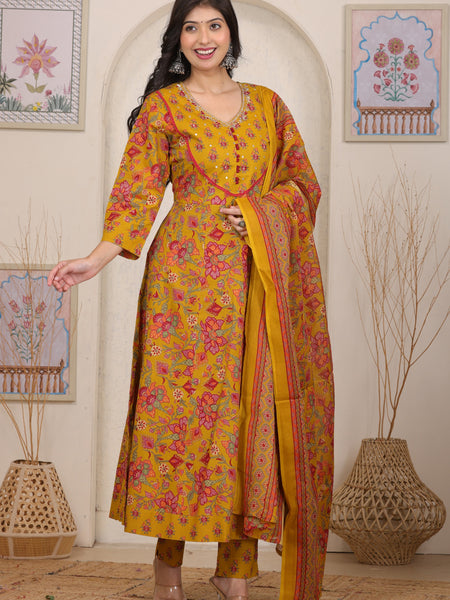 Mustard Floral Cotton Anarkali Kurta Set with Handwork Yoke Details and Match Dupatta