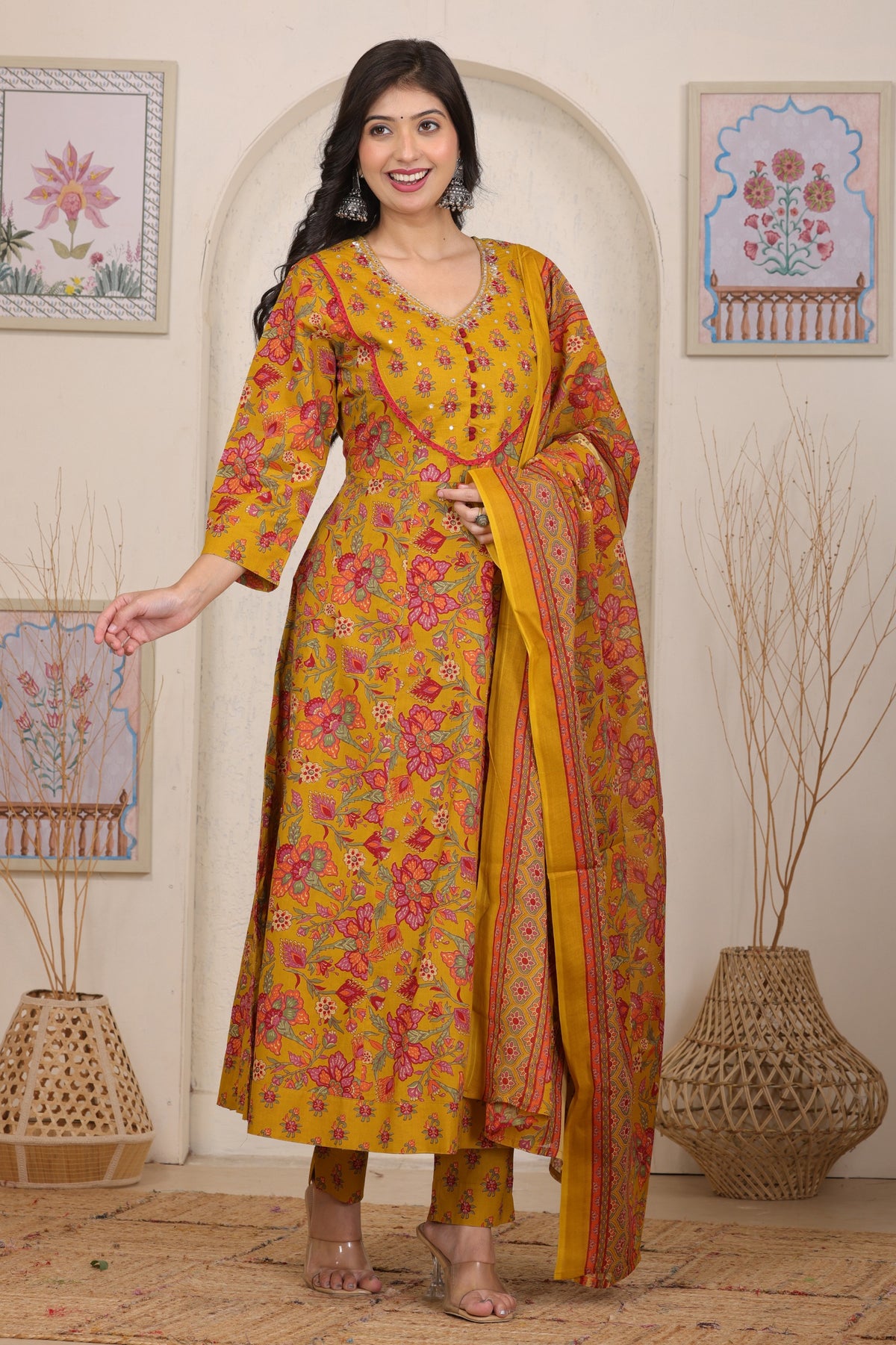 Floral Cotton Anarkali Kurta Set with Handwork Yoke Details and Matching Dupatta