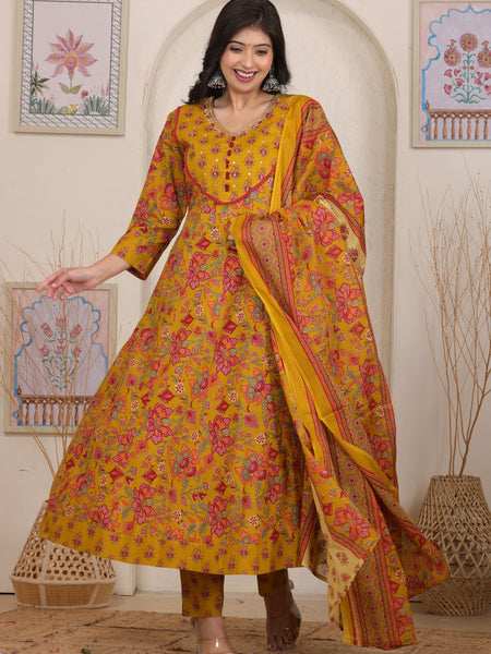 Mustard Floral Cotton Anarkali Kurta Set with Handwork Yoke Details and Match Dupatta