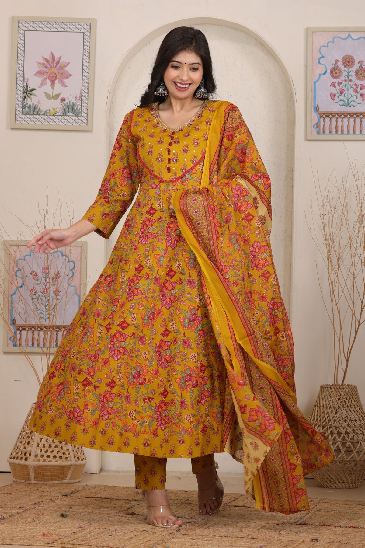 Floral Cotton Anarkali Kurta Set with Handwork Yoke Details and Matching Dupatta