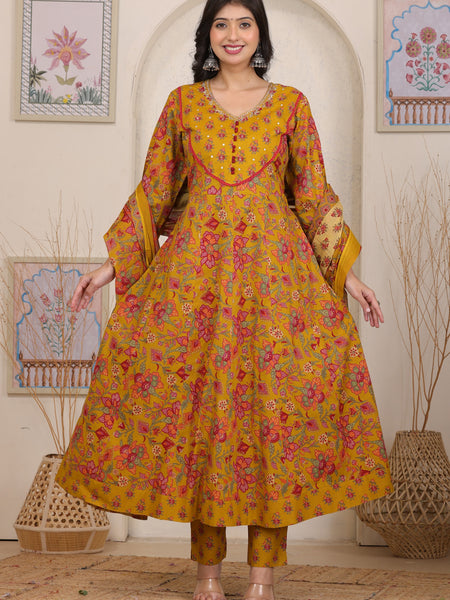 Mustard Floral Cotton Anarkali Kurta Set with Handwork Yoke Details and Match Dupatta