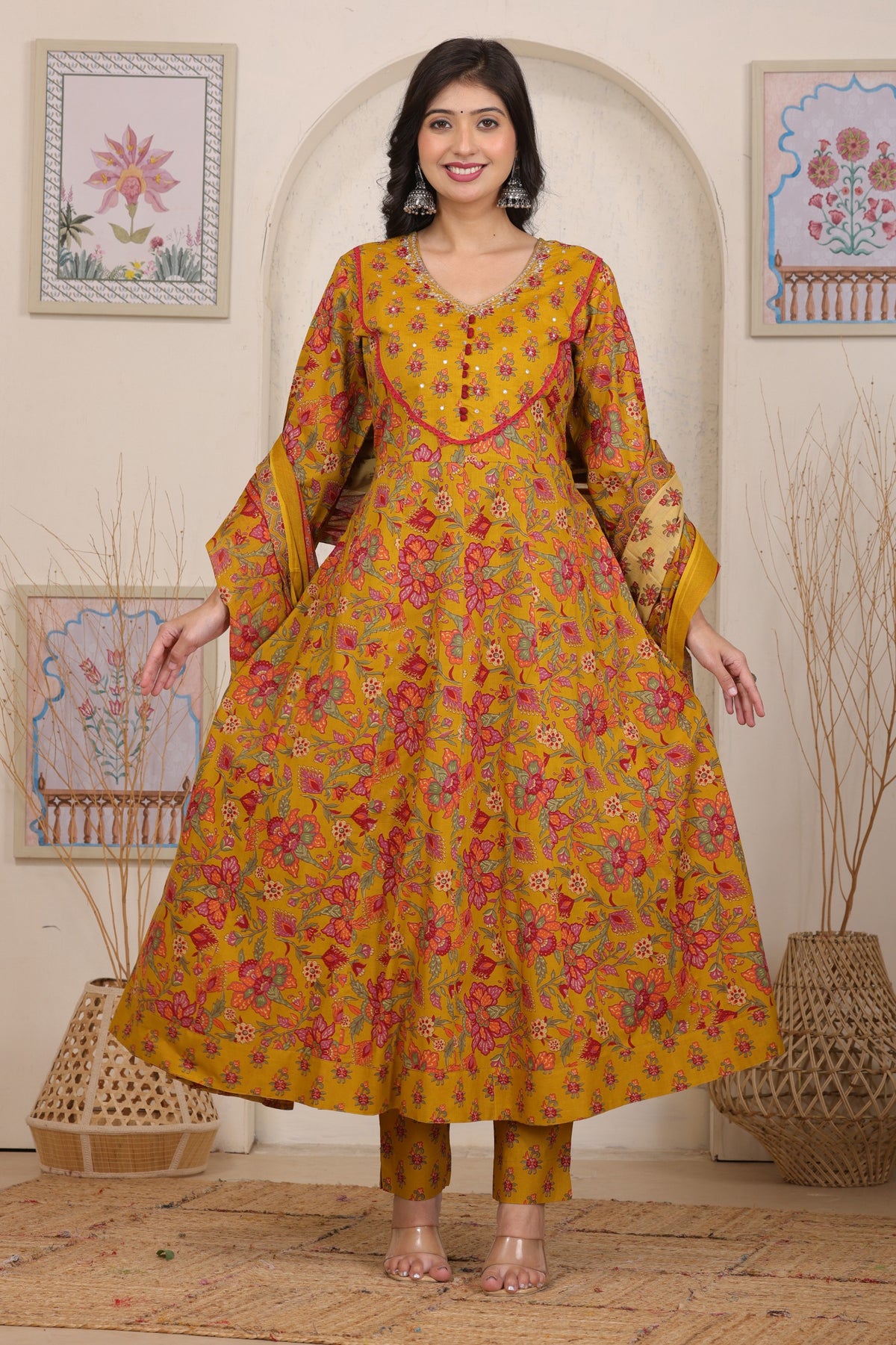 Floral Cotton Anarkali Kurta Set with Handwork Yoke Details and Matching Dupatta
