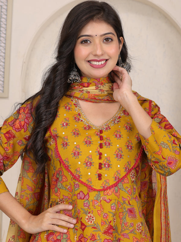 Pink Floral Cotton Anarkali Kurta Set with Handwork Yoke Details and Matching Dupatta