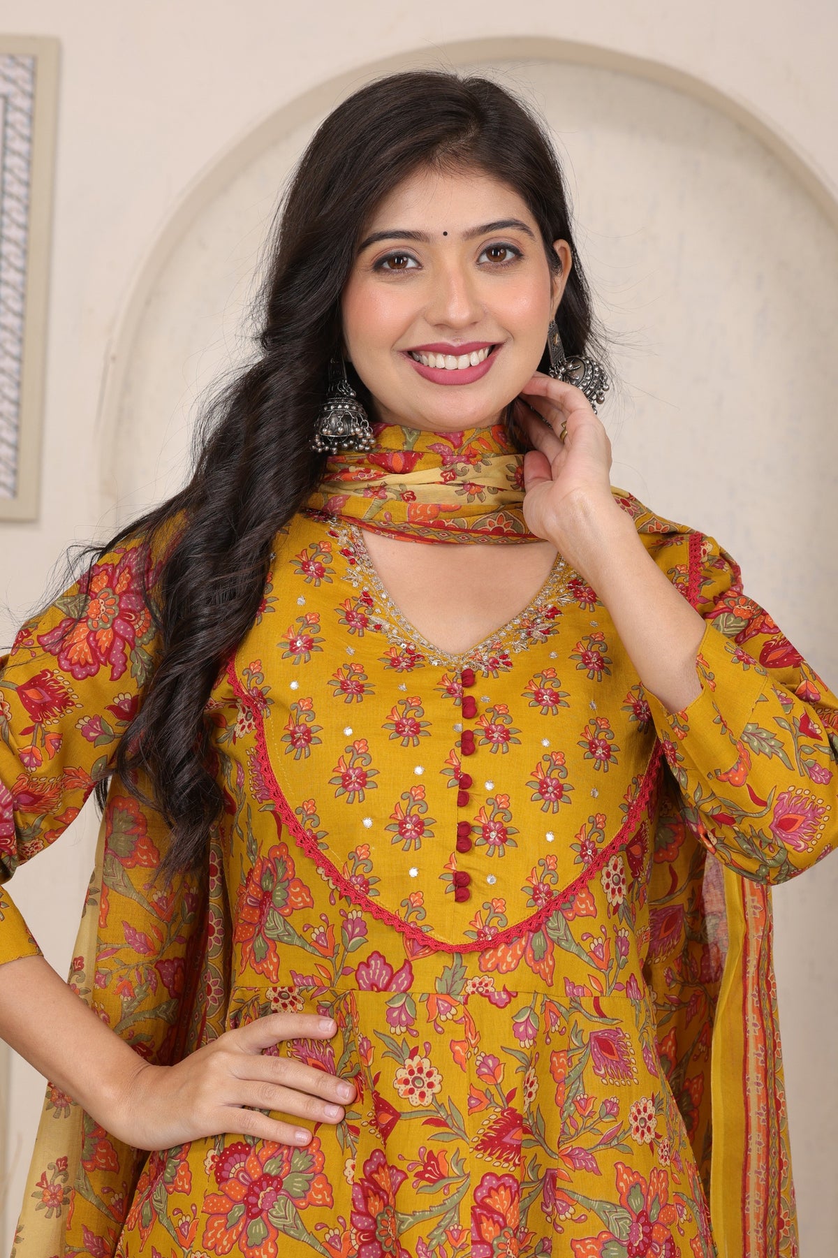 Floral Cotton Anarkali Kurta Set with Handwork Yoke Details and Matching Dupatta