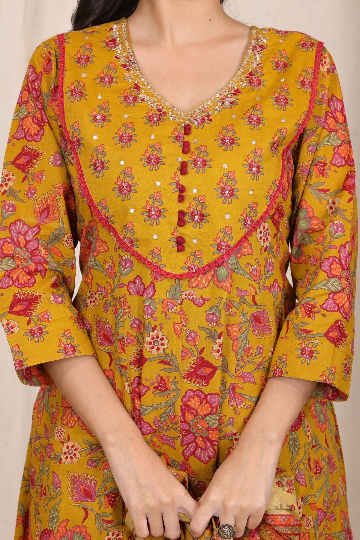 Floral Cotton Anarkali Kurta Set with Handwork Yoke Details and Matching Dupatta