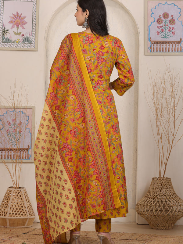 Pink Floral Cotton Anarkali Kurta Set with Handwork Yoke Details and Matching Dupatta