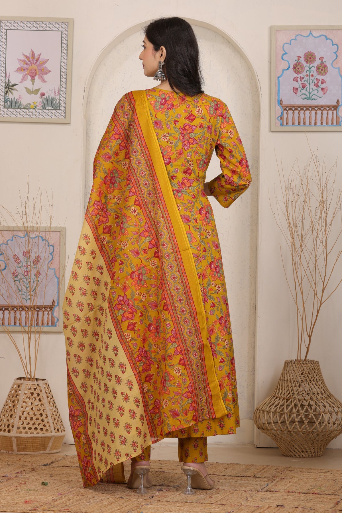 Floral Cotton Anarkali Kurta Set with Handwork Yoke Details and Matching Dupatta