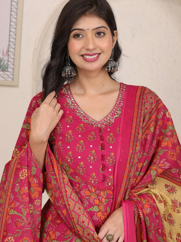 Pink Floral Cotton Anarkali Kurta Set with Handwork Yoke Details and Matching Dupatta