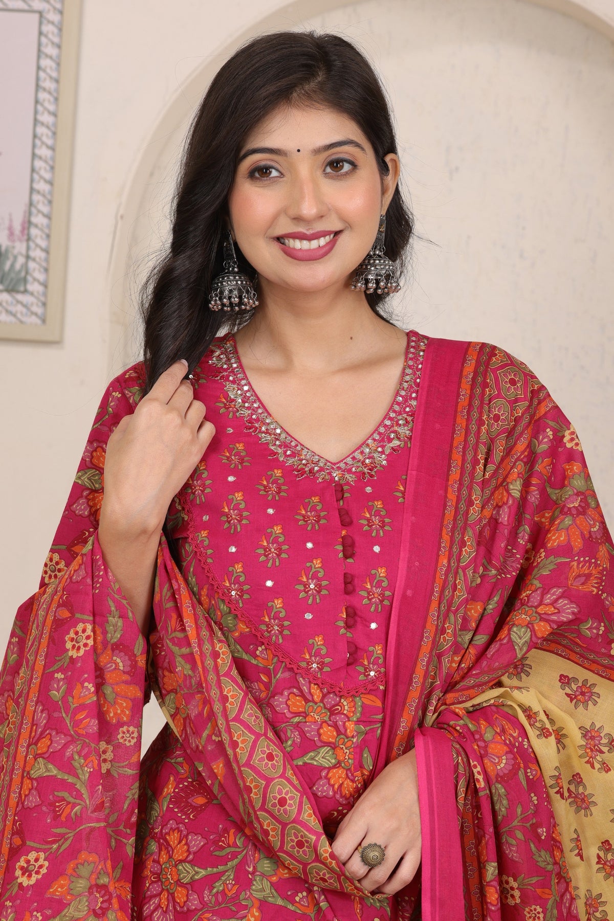 Floral Cotton Anarkali Kurta Set with Handwork Yoke Details and Matching Dupatta