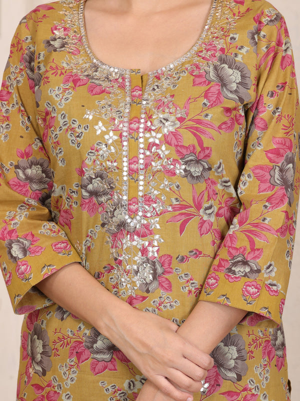 Magenta Red Floral Printed Cotton Straight Kurta Set with Gota Patti Work and Dupatta