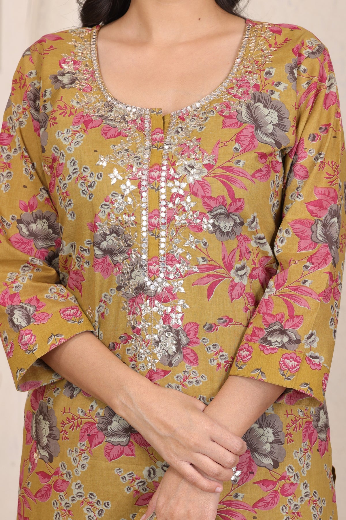 Floral Printed Cotton Straight Kurta Set with Gota Patti Work and Dupatta